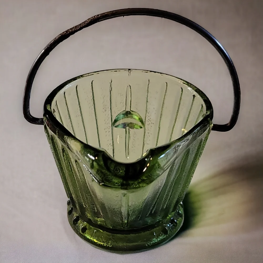 Vtg 60's Hazel Atlas Glass Company Green Glass Ashtray Toothpick Holder Bucket